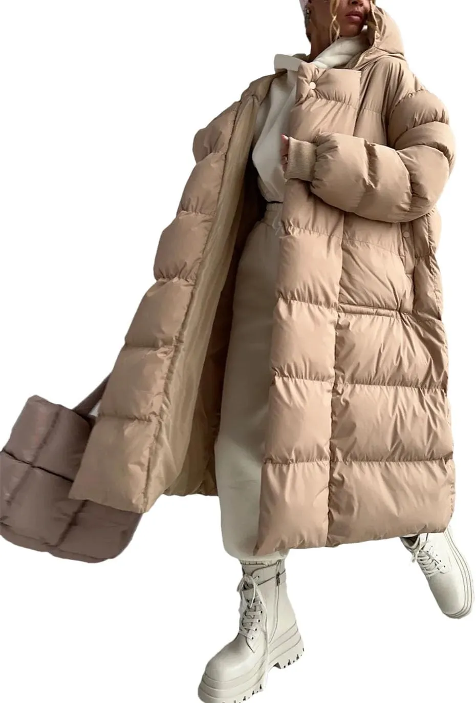 Women Hooded Oversized Long Parka Coat Classic Stripes Solid Pockets Cotton-Padded Jacket