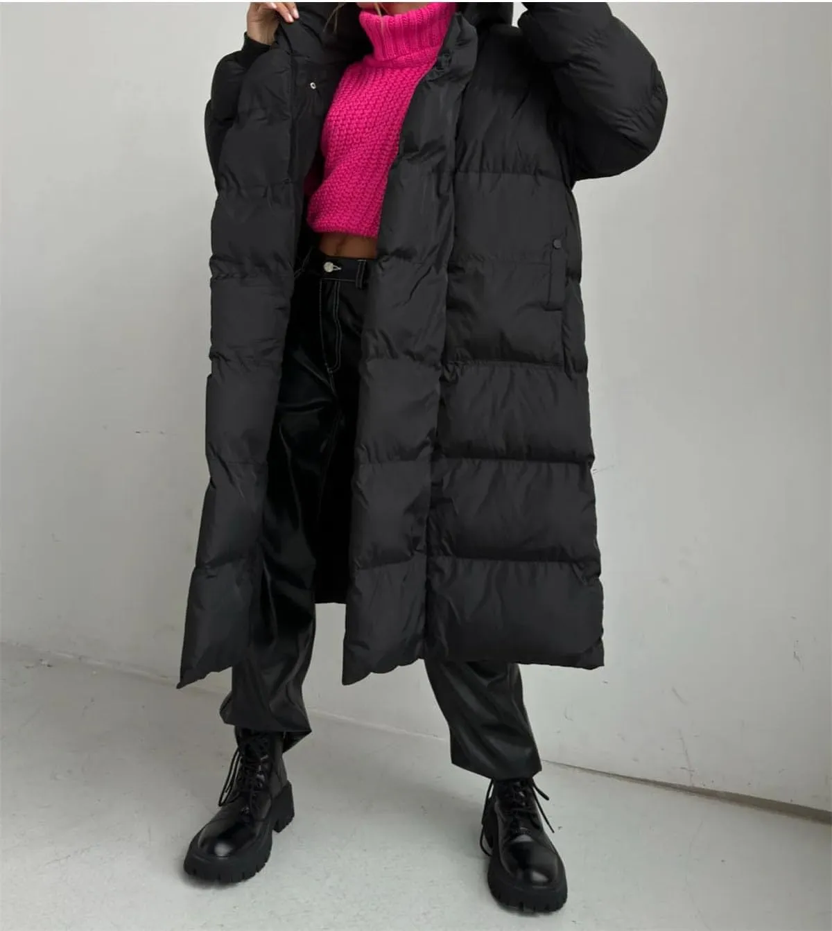 Women Hooded Oversized Long Parka Coat Classic Stripes Solid Pockets Cotton-Padded Jacket