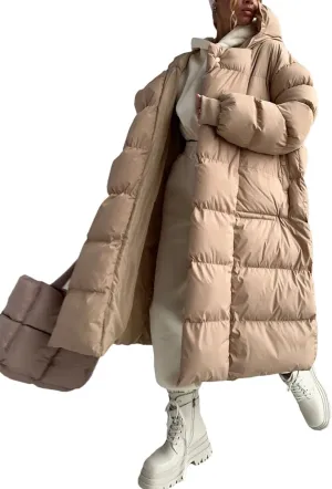 Women Hooded Oversized Long Parka Coat Classic Stripes Solid Pockets Cotton-Padded Jacket