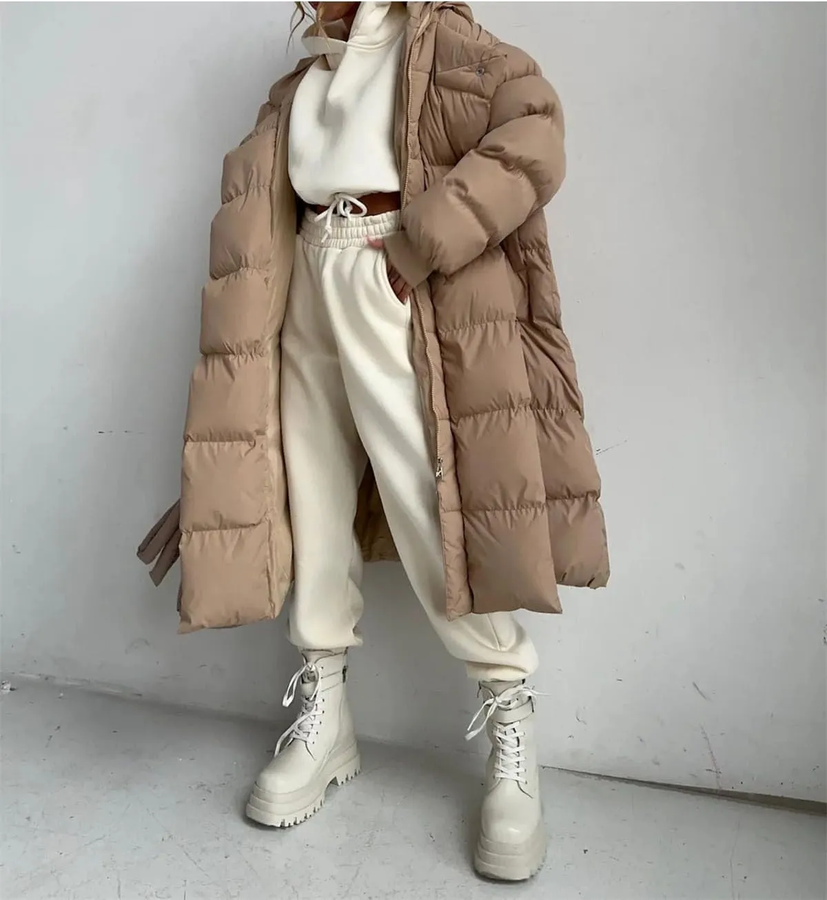 Women Hooded Oversized Long Parka Coat Classic Stripes Solid Pockets Cotton-Padded Jacket