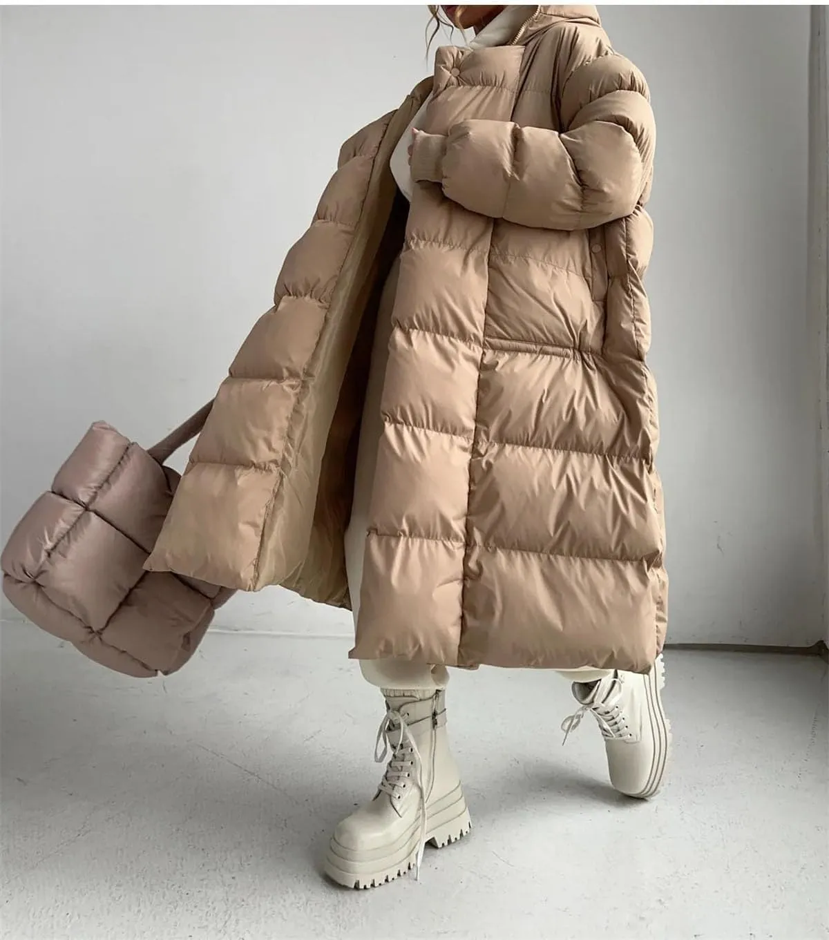 Women Hooded Oversized Long Parka Coat Classic Stripes Solid Pockets Cotton-Padded Jacket