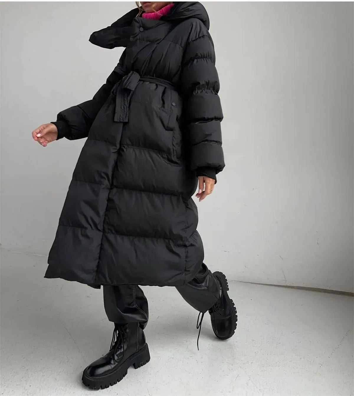 Women Hooded Oversized Long Parka Coat Classic Stripes Solid Pockets Cotton-Padded Jacket