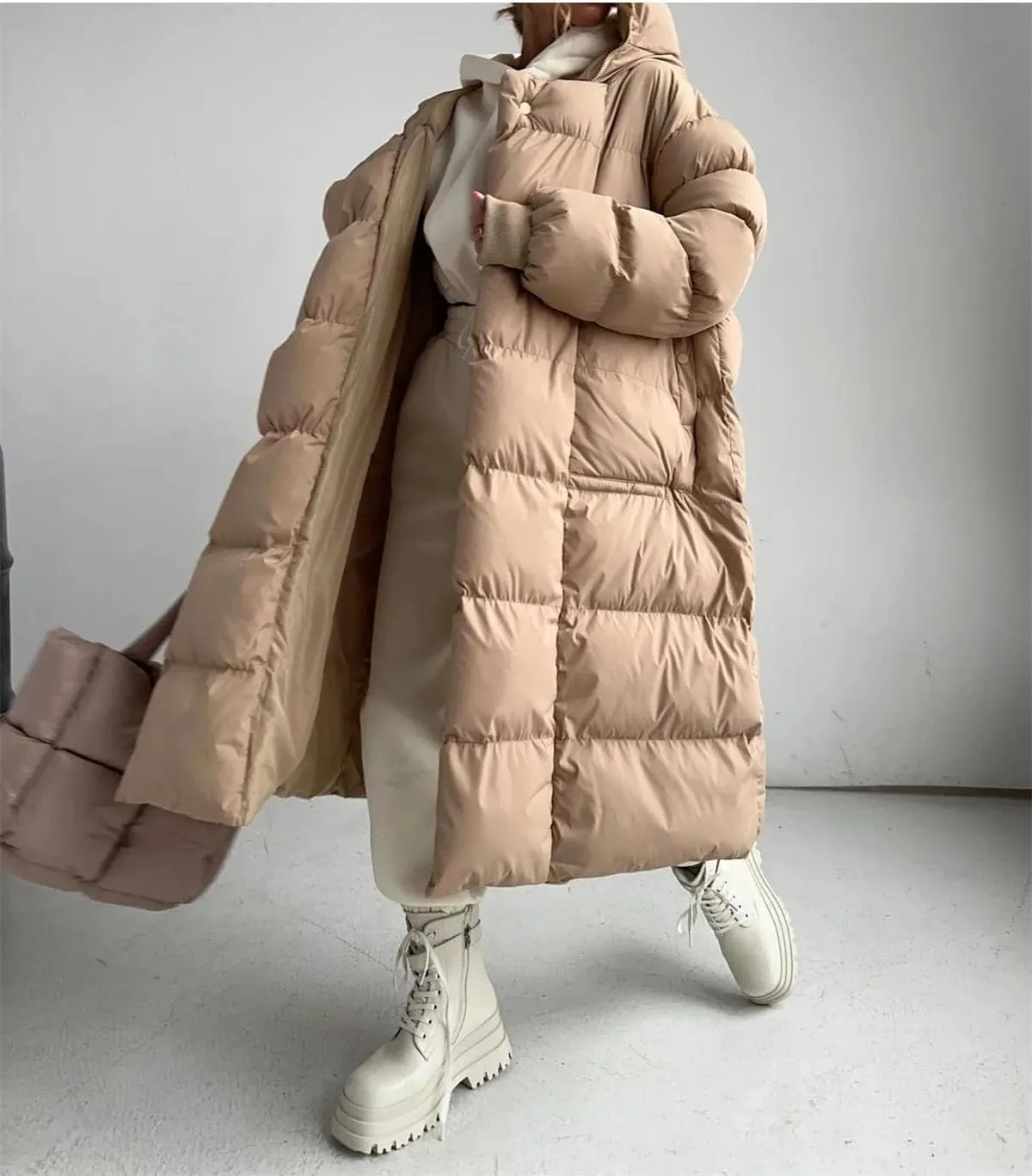 Women Hooded Oversized Long Parka Coat Classic Stripes Solid Pockets Cotton-Padded Jacket