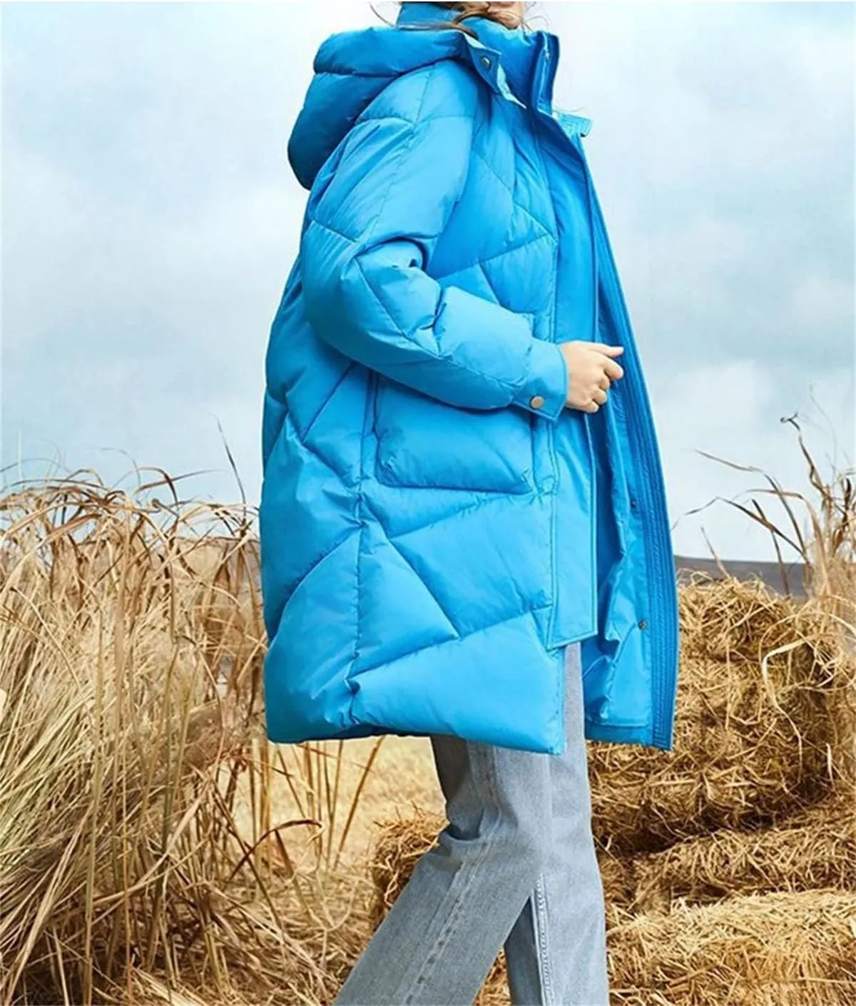 Women Hooded Stand Collar Parka Coat Classic Pockets Medium-Length Cotton-Padded Jacket