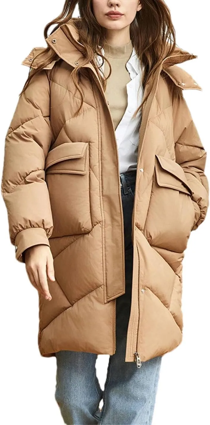 Women Hooded Stand Collar Parka Coat Classic Pockets Medium-Length Cotton-Padded Jacket