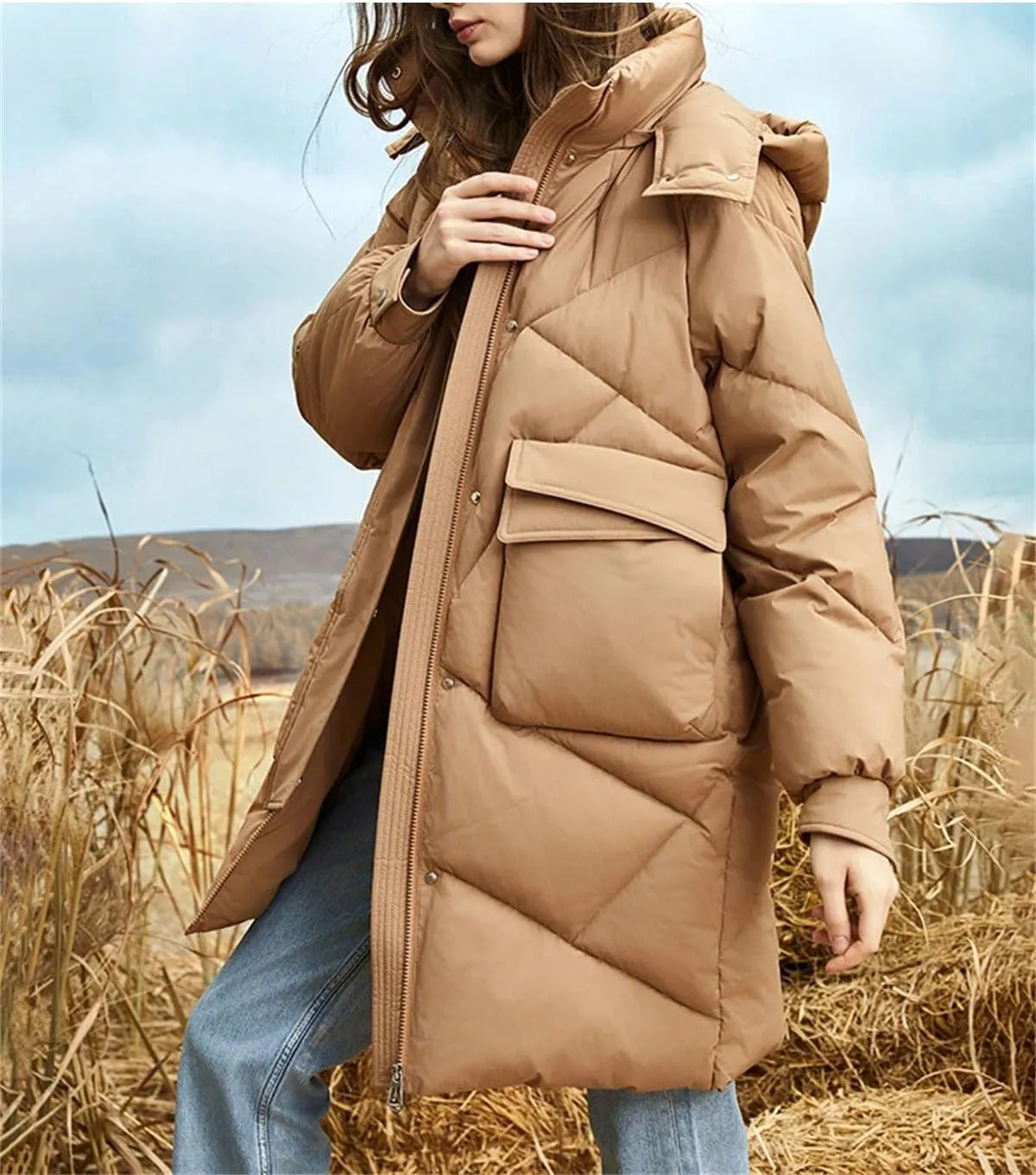Women Hooded Stand Collar Parka Coat Classic Pockets Medium-Length Cotton-Padded Jacket
