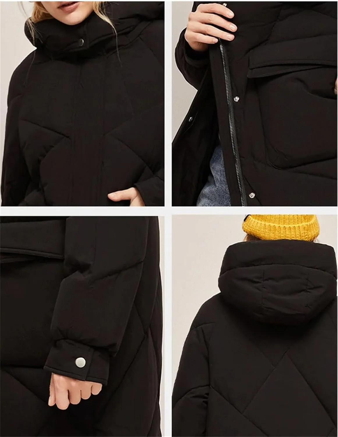 Women Hooded Stand Collar Parka Coat Classic Pockets Medium-Length Cotton-Padded Jacket