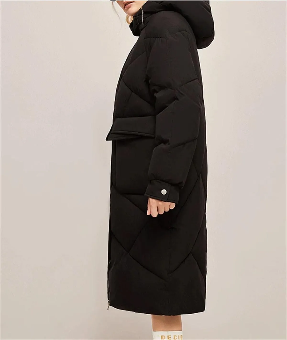Women Hooded Stand Collar Parka Coat Classic Pockets Medium-Length Cotton-Padded Jacket