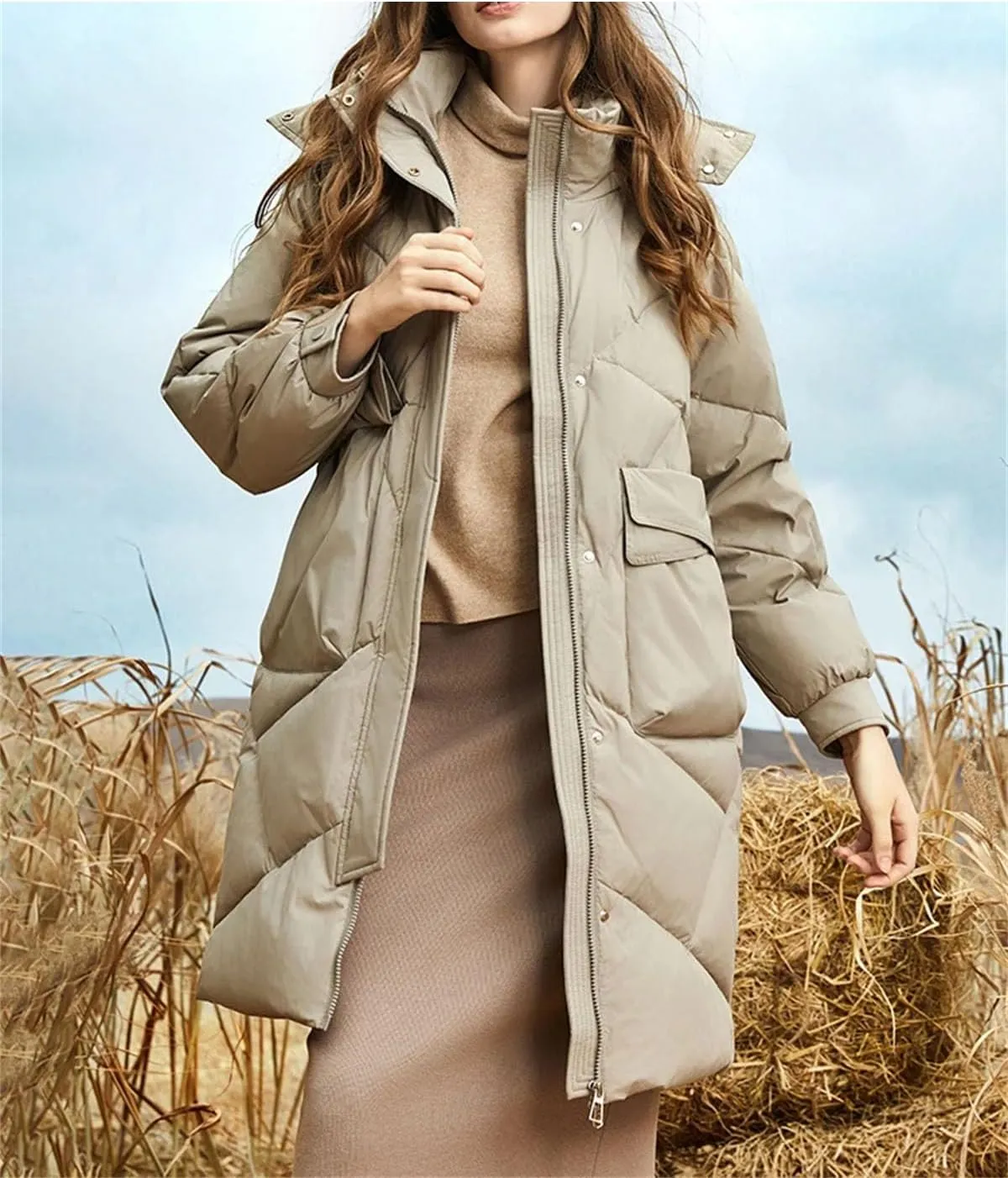 Women Hooded Stand Collar Parka Coat Classic Pockets Medium-Length Cotton-Padded Jacket