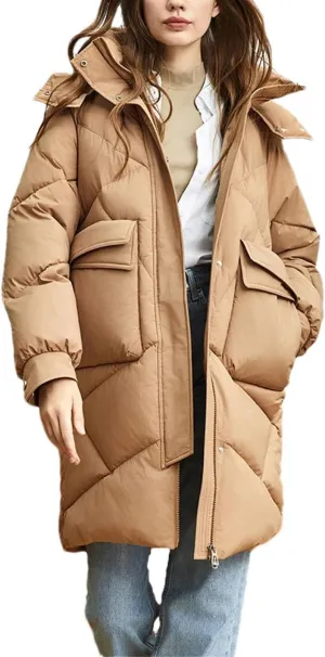Women Hooded Stand Collar Parka Coat Classic Pockets Medium-Length Cotton-Padded Jacket