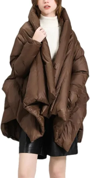 Women Irregular Shawl Loose Parka Coat Classic Medium-Length Hooded Cotton-Padded Jacket