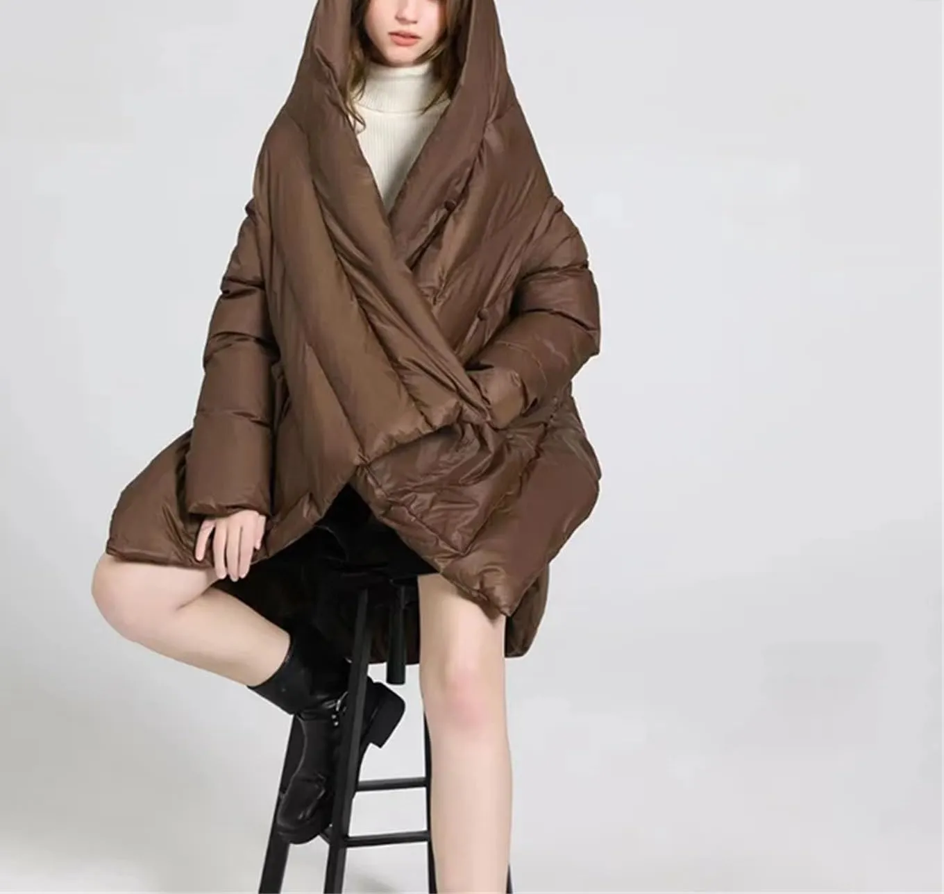 Women Irregular Shawl Loose Parka Coat Classic Medium-Length Hooded Cotton-Padded Jacket
