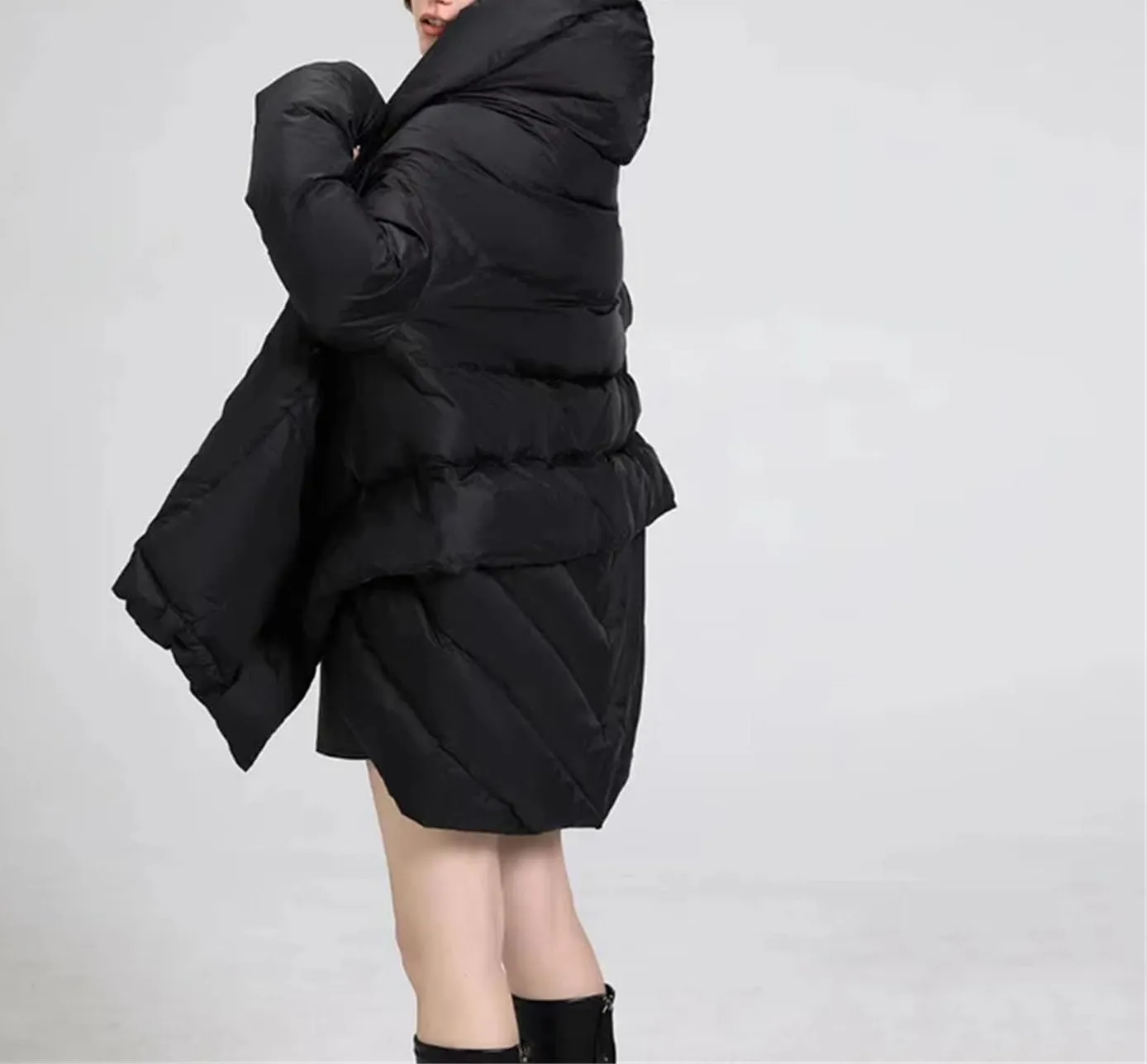 Women Irregular Shawl Loose Parka Coat Classic Medium-Length Hooded Cotton-Padded Jacket