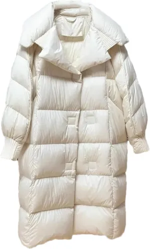 Women Lapel Over The Knee Loose Parka Coat Classic Stripe Magnetic Buckle Cotton-Padded Jacket