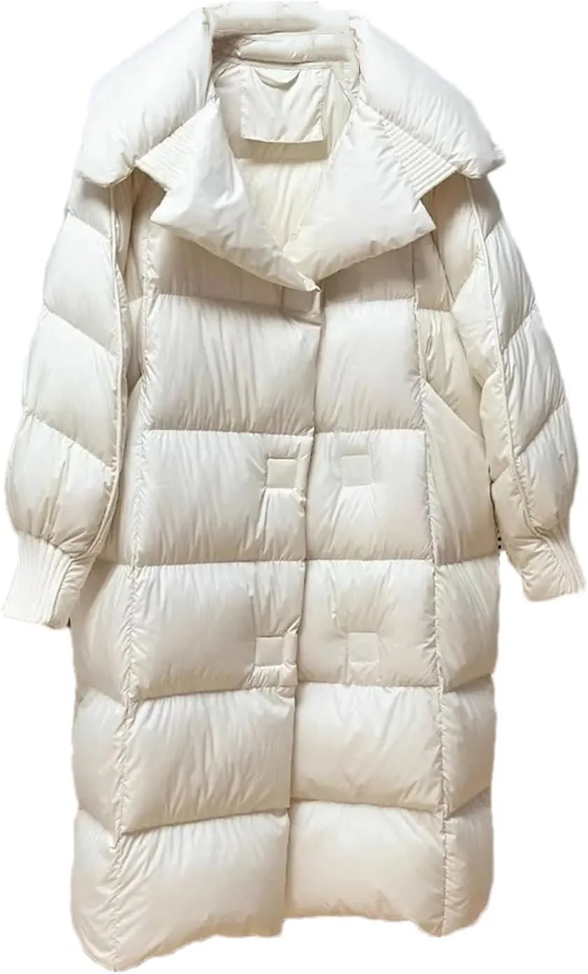 Women Lapel Over The Knee Loose Parka Coat Classic Stripe Magnetic Buckle Cotton-Padded Jacket
