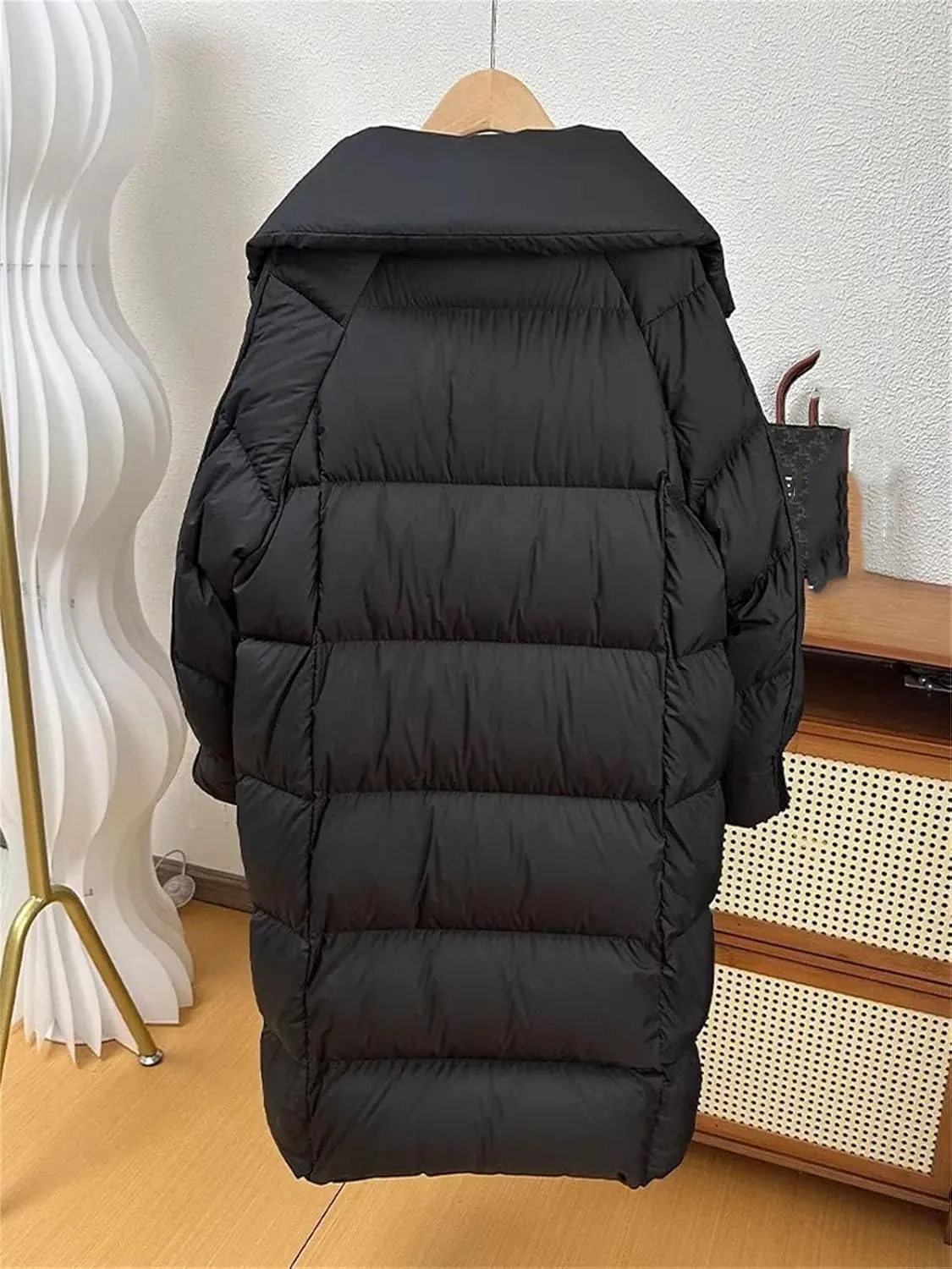 Women Lapel Over The Knee Loose Parka Coat Classic Stripe Magnetic Buckle Cotton-Padded Jacket
