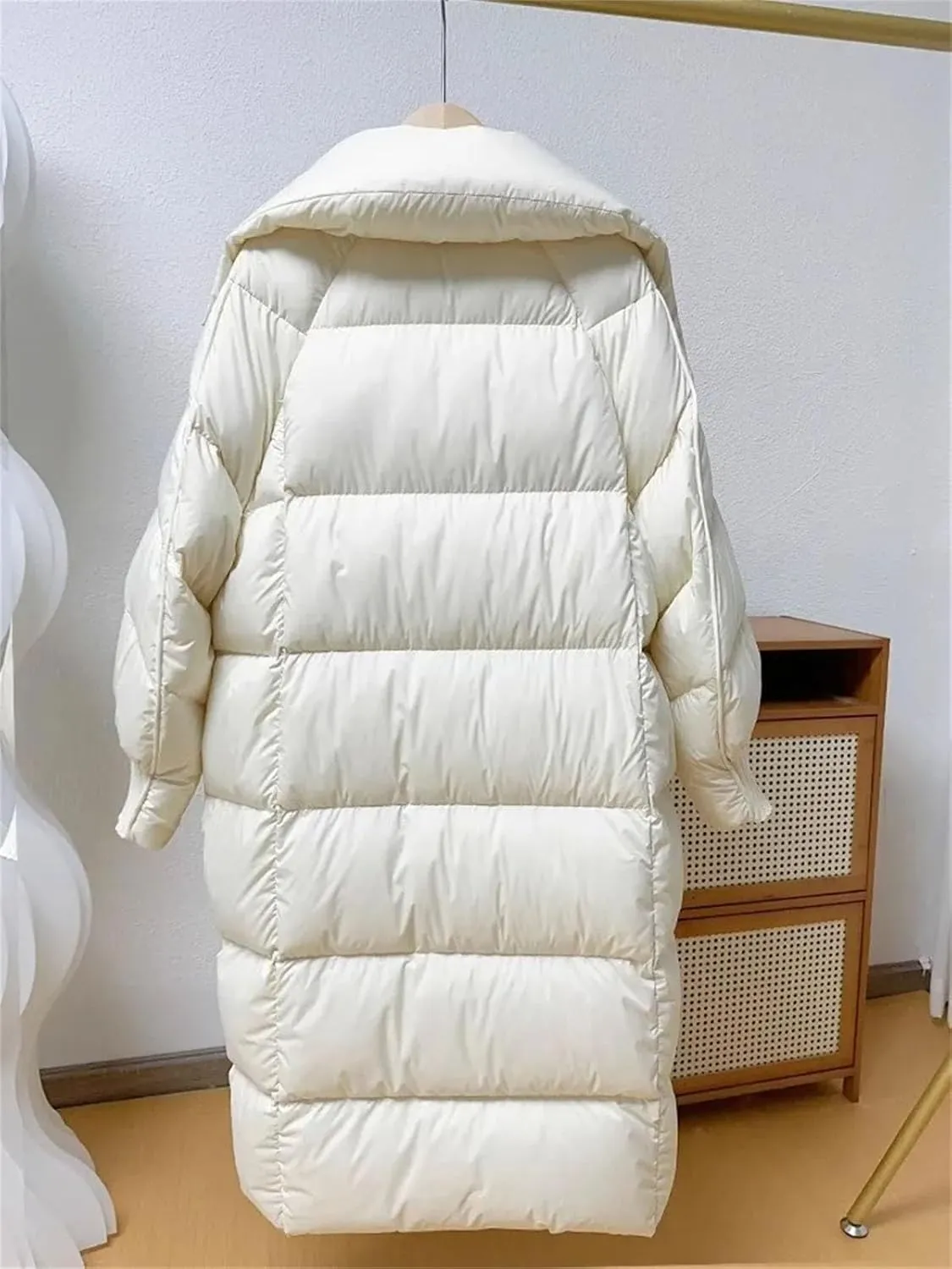 Women Lapel Over The Knee Loose Parka Coat Classic Stripe Magnetic Buckle Cotton-Padded Jacket