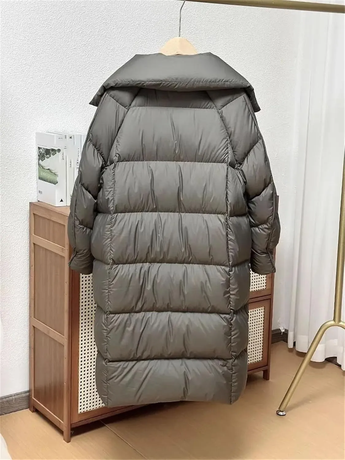 Women Lapel Over The Knee Loose Parka Coat Classic Stripe Magnetic Buckle Cotton-Padded Jacket