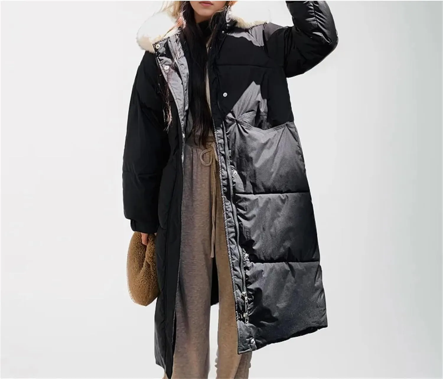 Women Pocket Thick Long Parka Coat Classic Plush Hooded Patch Pocket Cotton-Padded Jacket