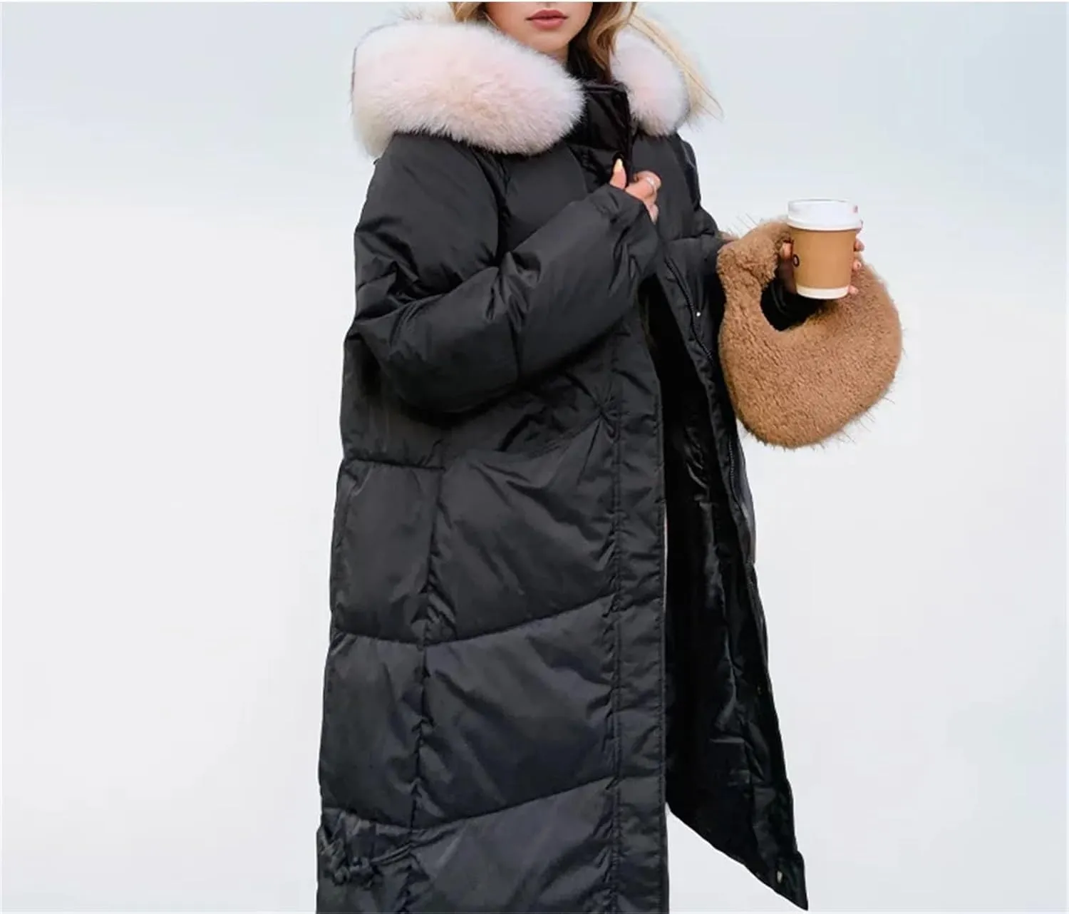 Women Pocket Thick Long Parka Coat Classic Plush Hooded Patch Pocket Cotton-Padded Jacket