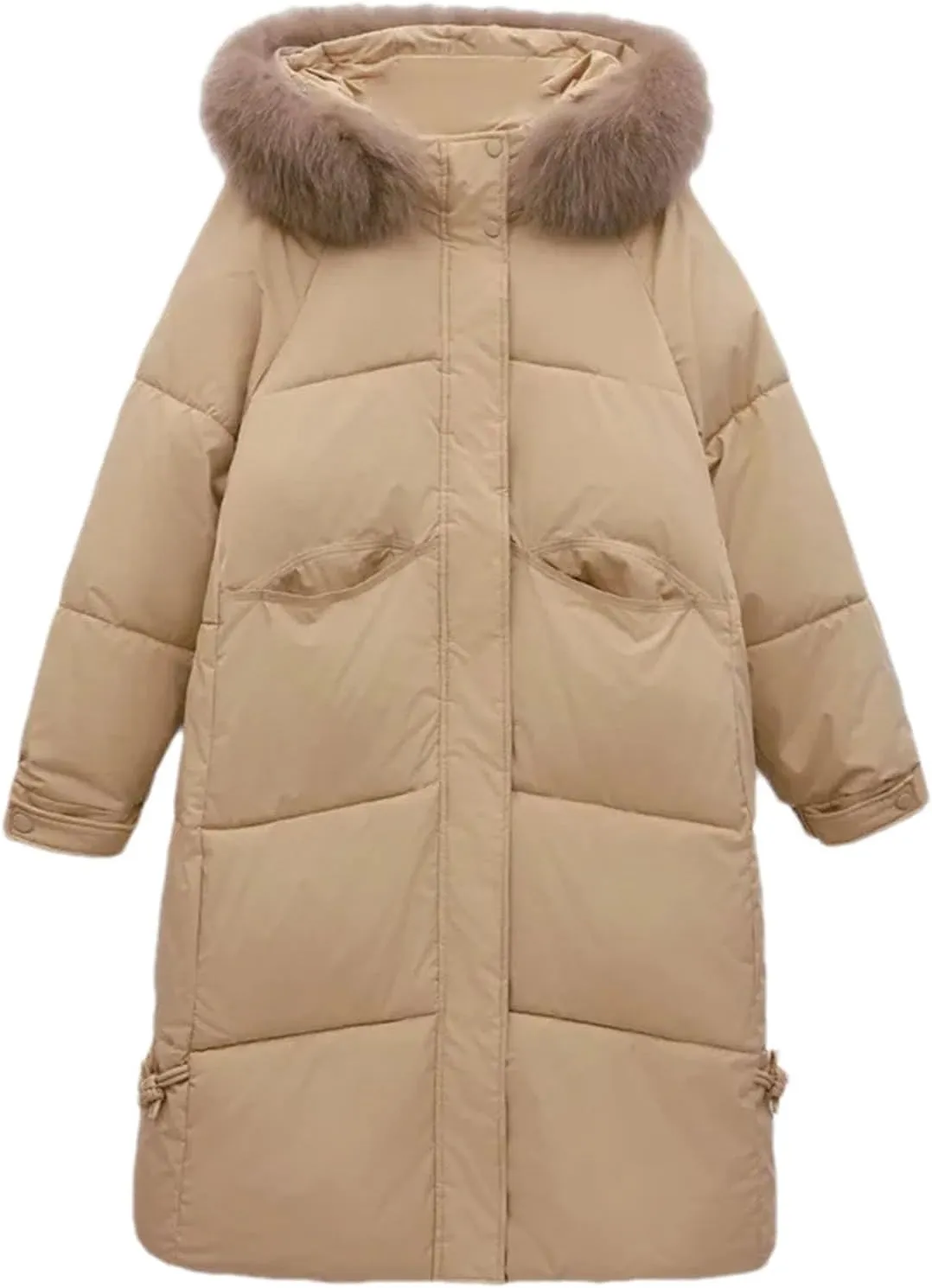 Women Pocket Thick Long Parka Coat Classic Plush Hooded Patch Pocket Cotton-Padded Jacket
