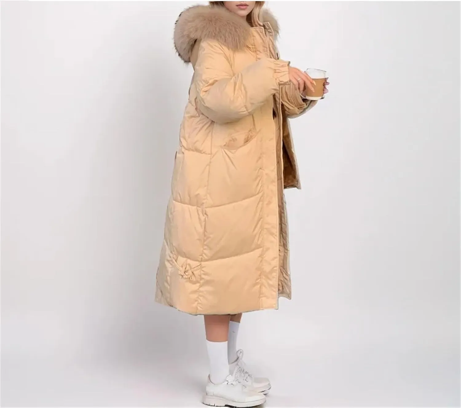 Women Pocket Thick Long Parka Coat Classic Plush Hooded Patch Pocket Cotton-Padded Jacket