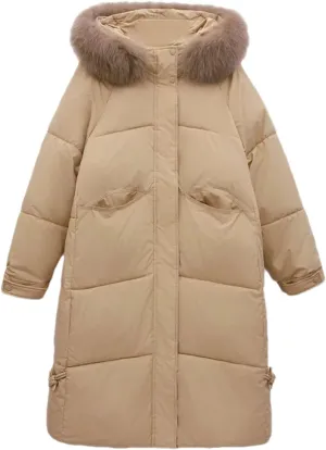 Women Pocket Thick Long Parka Coat Classic Plush Hooded Patch Pocket Cotton-Padded Jacket