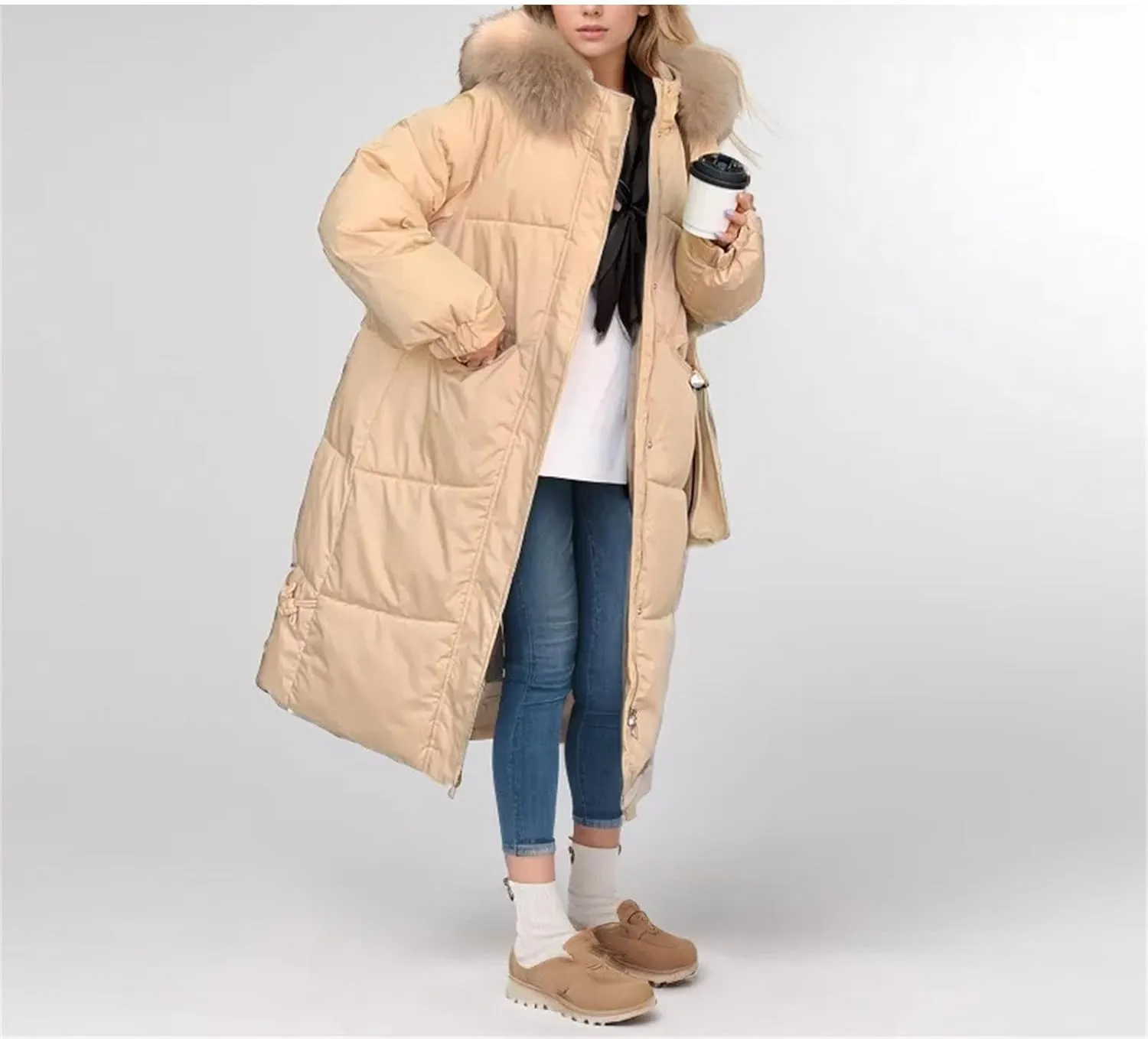 Women Pocket Thick Long Parka Coat Classic Plush Hooded Patch Pocket Cotton-Padded Jacket