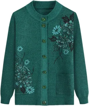 Women Print Cardigan Middle-Aged Elderly Mother's Long-Sleeve Sweater Knitted Bottoming Shirt