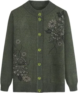 Women Print Cardigan Middle-Aged Elderly Mother's Long-Sleeve Sweater Knitted Bottoming Shirt