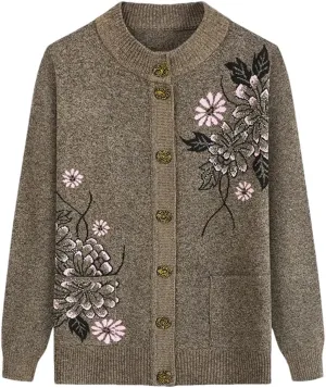 Women Print Cardigan Middle-Aged Elderly Mother's Long-Sleeve Sweater Knitted Bottoming Shirt
