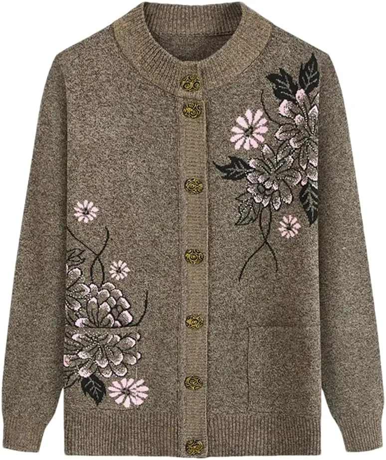 Women Print Cardigan Middle-Aged Elderly Mother's Long-Sleeve Sweater Knitted Bottoming Shirt