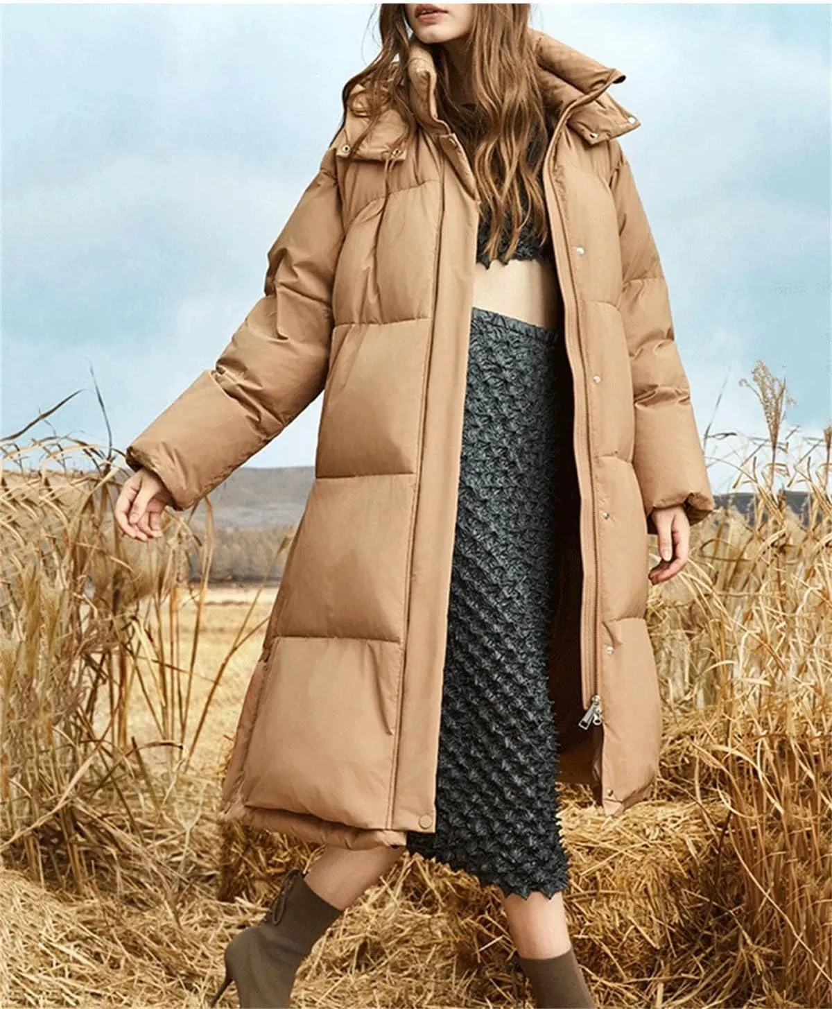 Women Quilted Thicken Long Parka Coat Classic Zipper Button Split Cotton-Padded Jacket