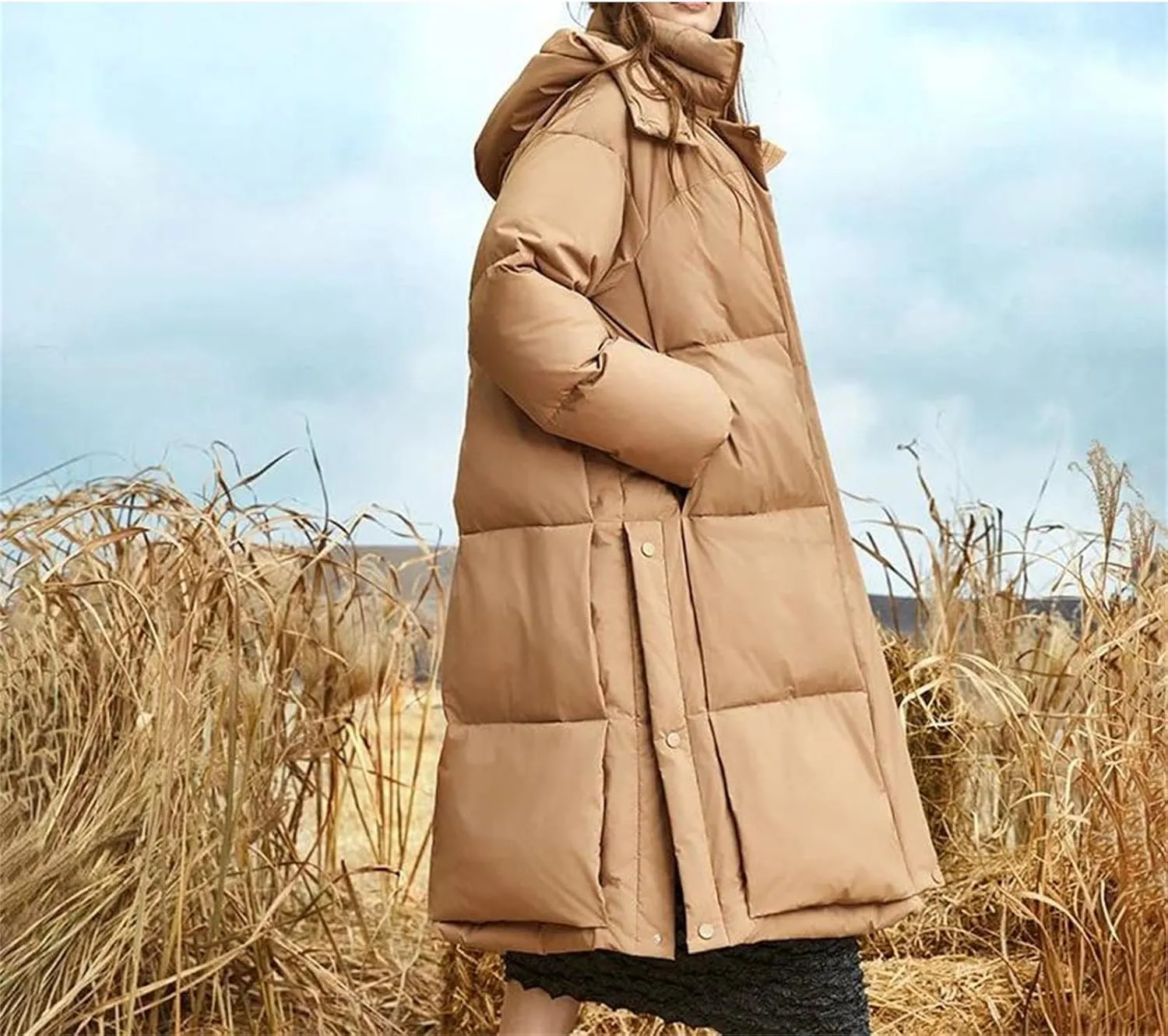 Women Quilted Thicken Long Parka Coat Classic Zipper Button Split Cotton-Padded Jacket