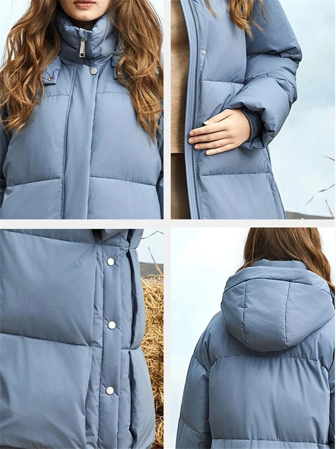 Women Quilted Thicken Long Parka Coat Classic Zipper Button Split Cotton-Padded Jacket