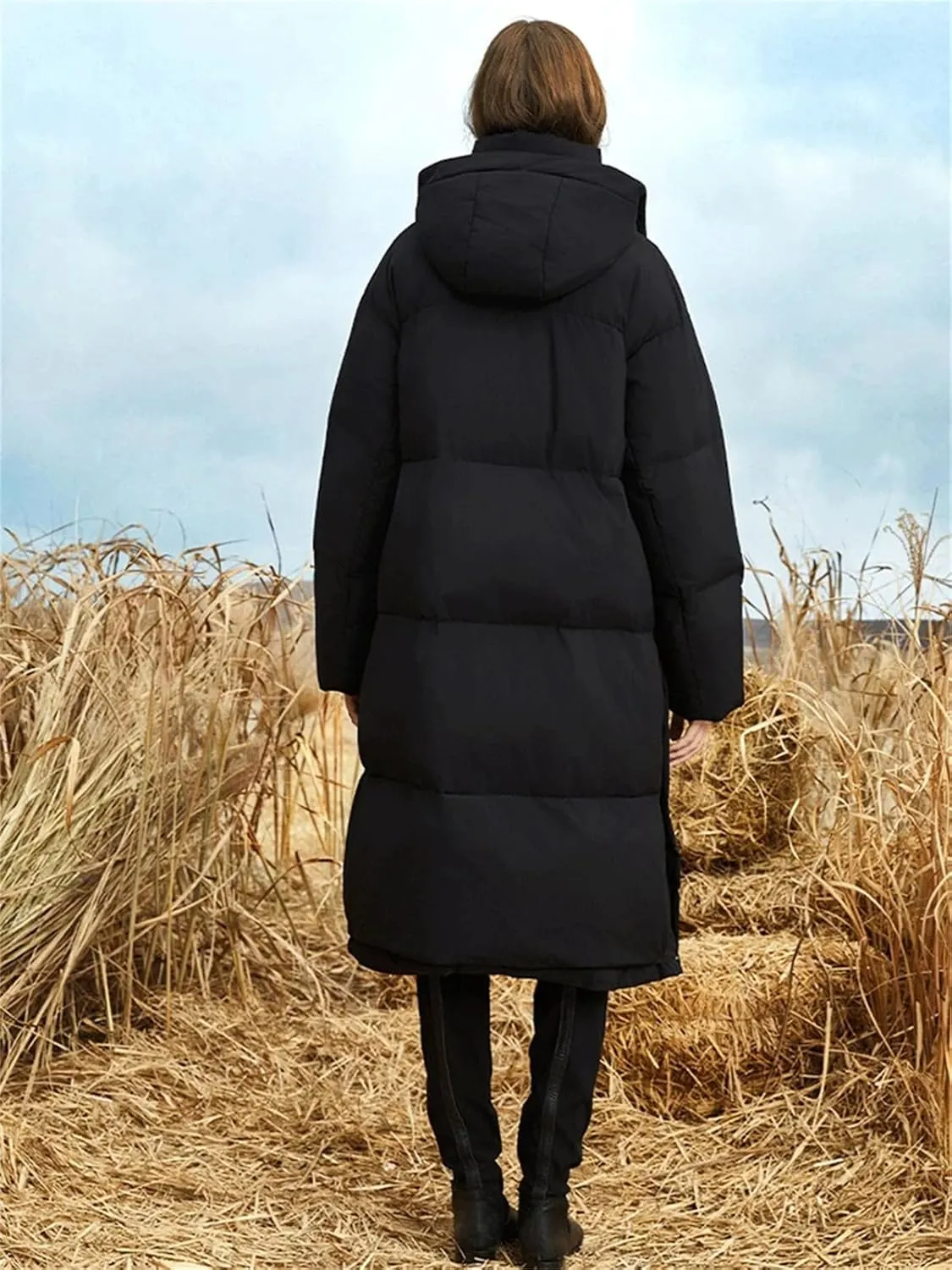Women Quilted Thicken Long Parka Coat Classic Zipper Button Split Cotton-Padded Jacket