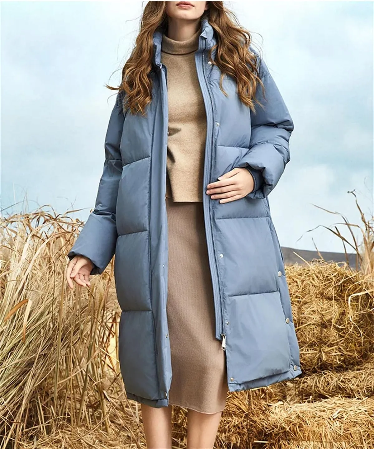Women Quilted Thicken Long Parka Coat Classic Zipper Button Split Cotton-Padded Jacket