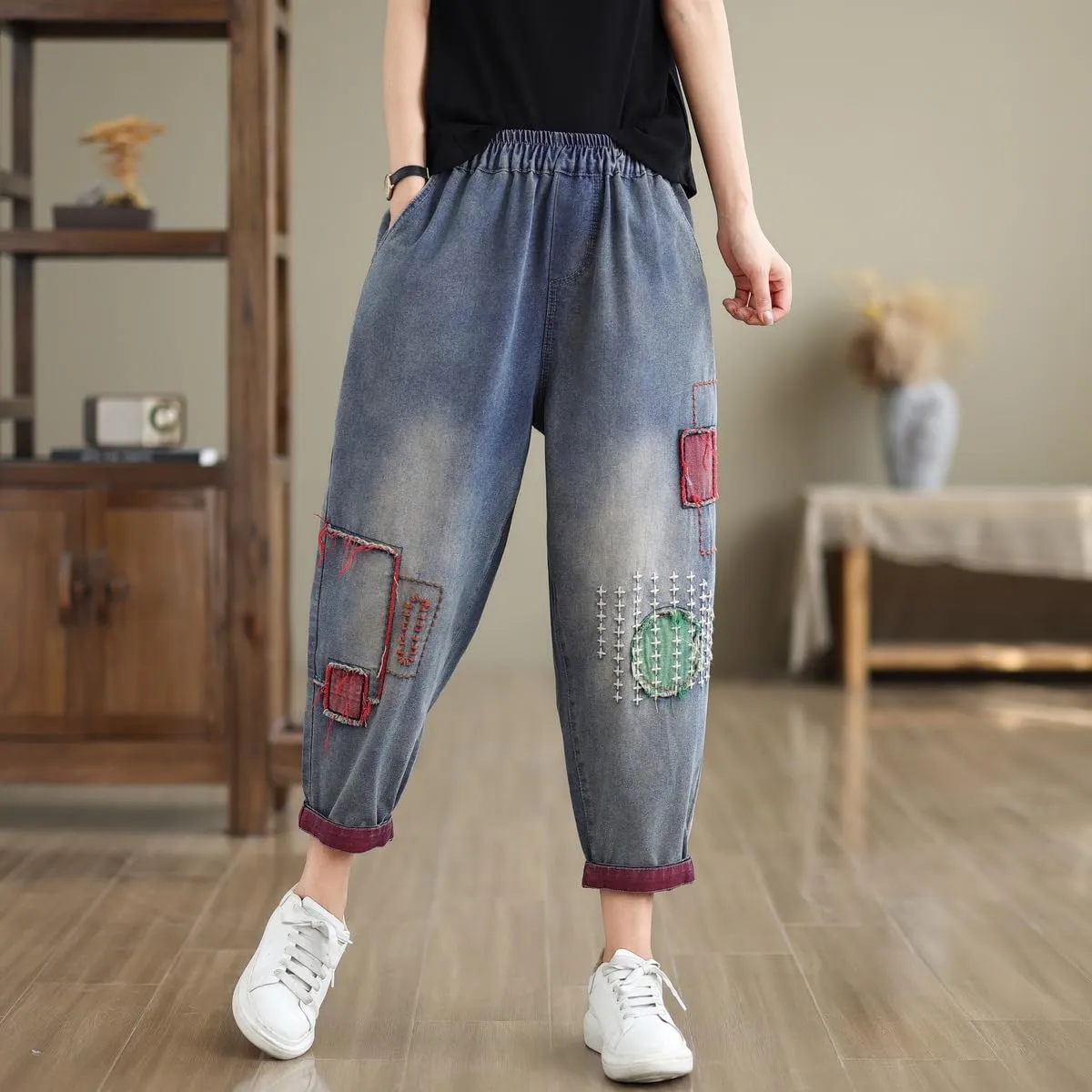 Women Retro Patch Embroidered Printed Loose Jeans Casual Ripped Jeans Harem Pants