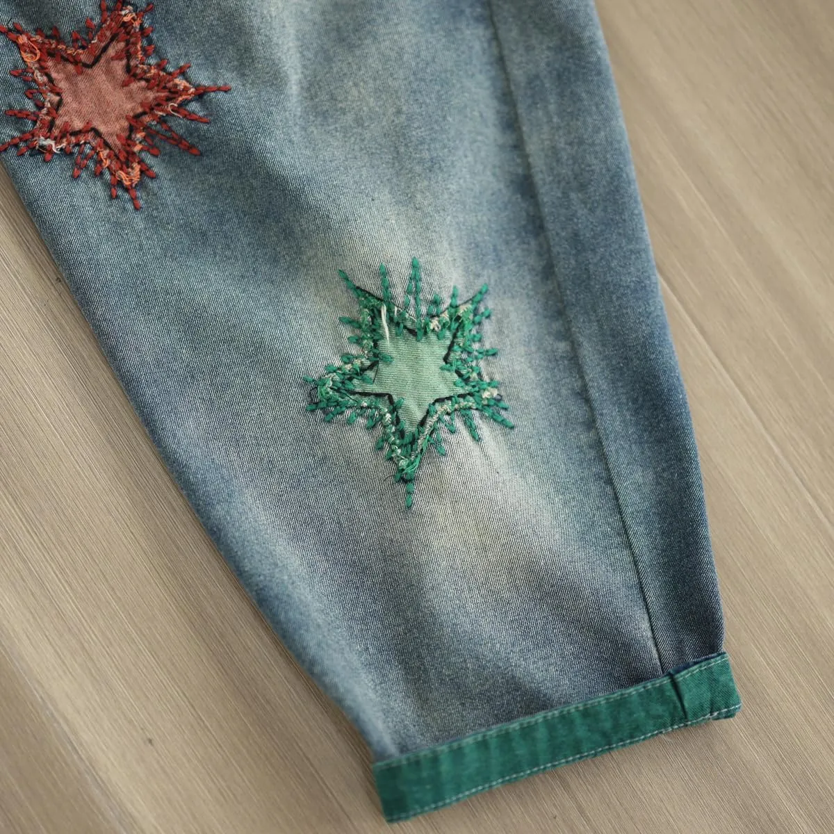 Women Retro Patch Embroidered Printed Loose Jeans Casual Ripped Jeans Harem Pants
