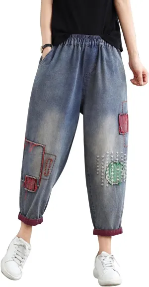 Women Retro Patch Embroidered Printed Loose Jeans Casual Ripped Jeans Harem Pants