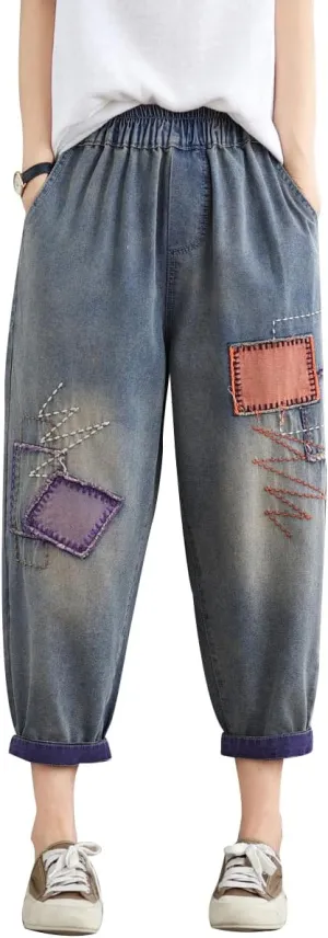 Women Retro Patch Embroidered Printed Loose Jeans Casual Ripped Jeans Harem Pants