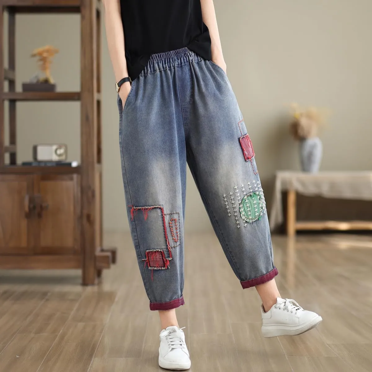 Women Retro Patch Embroidered Printed Loose Jeans Casual Ripped Jeans Harem Pants