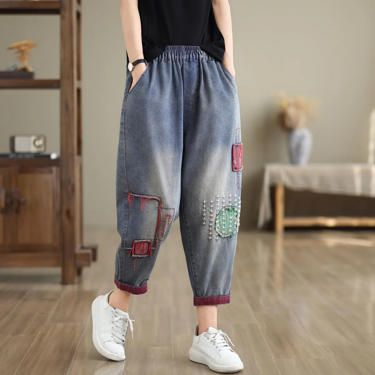 Women Retro Patch Embroidered Printed Loose Jeans Casual Ripped Jeans Harem Pants