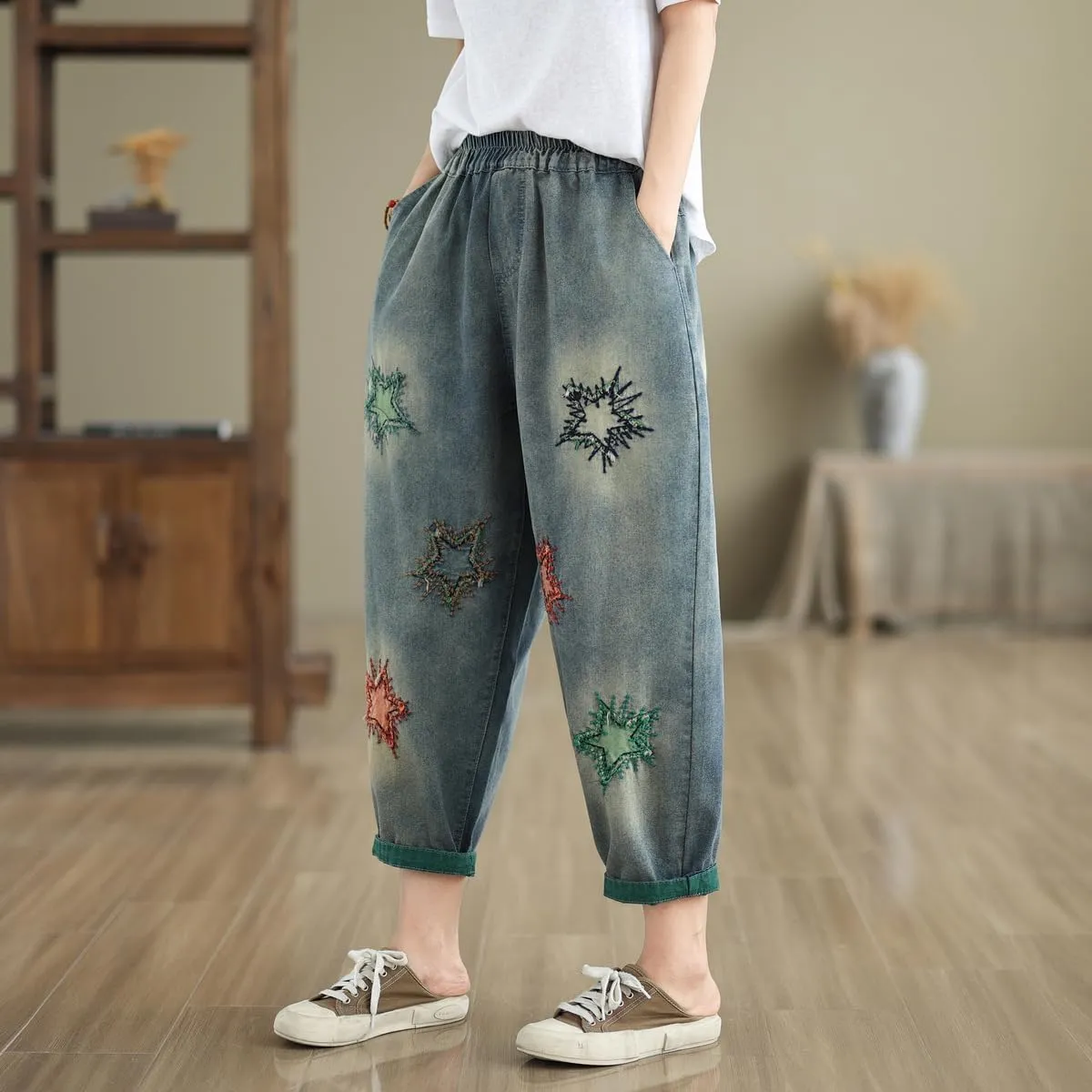 Women Retro Patch Embroidered Printed Loose Jeans Casual Ripped Jeans Harem Pants