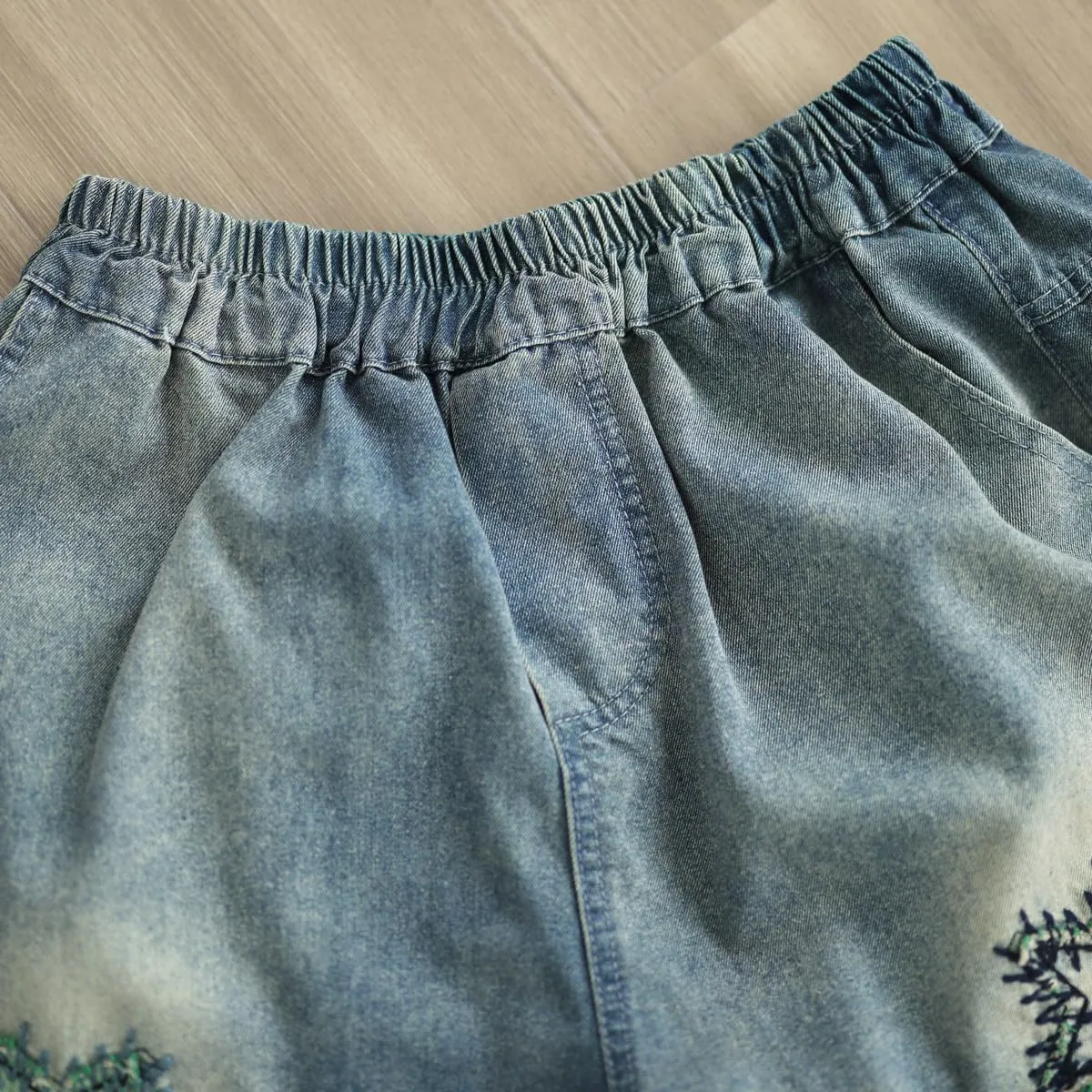 Women Retro Patch Embroidered Printed Loose Jeans Casual Ripped Jeans Harem Pants