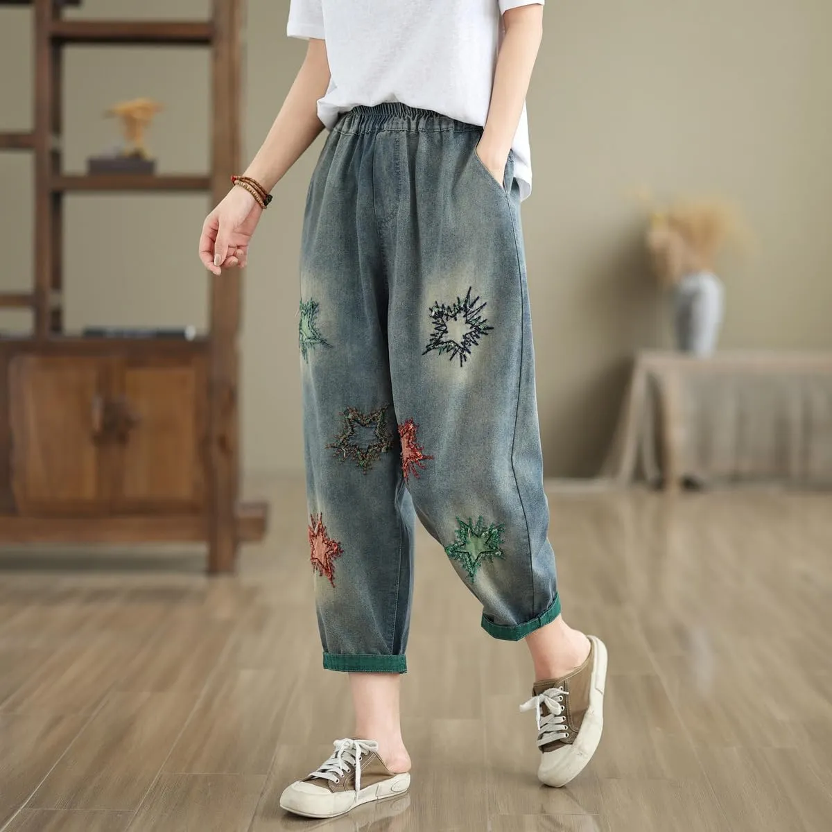 Women Retro Patch Embroidered Printed Loose Jeans Casual Ripped Jeans Harem Pants