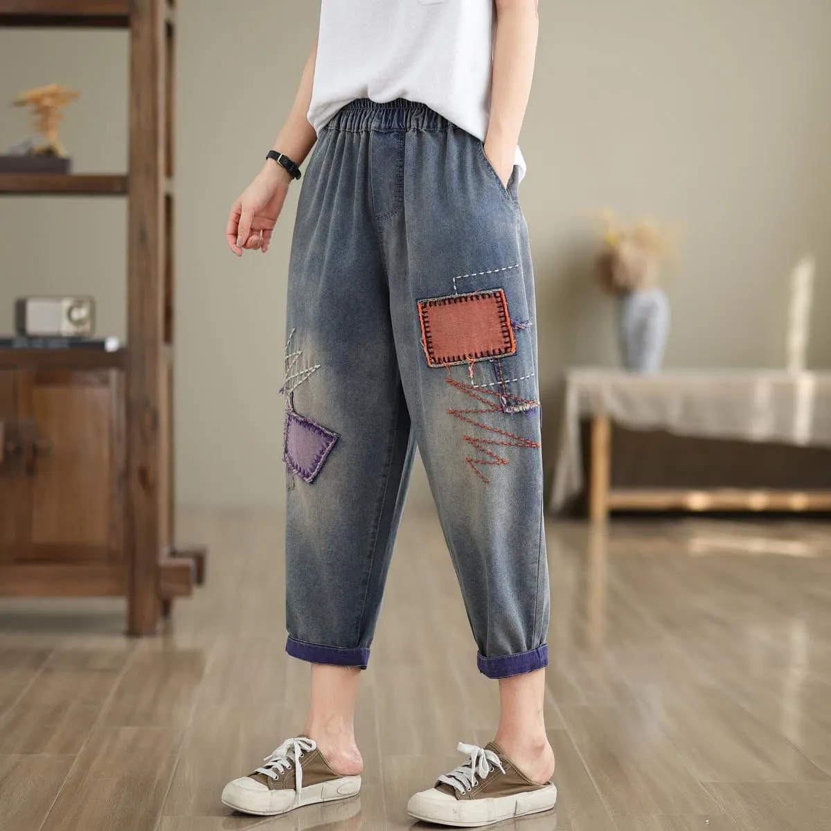 Women Retro Patch Embroidered Printed Loose Jeans Casual Ripped Jeans Harem Pants
