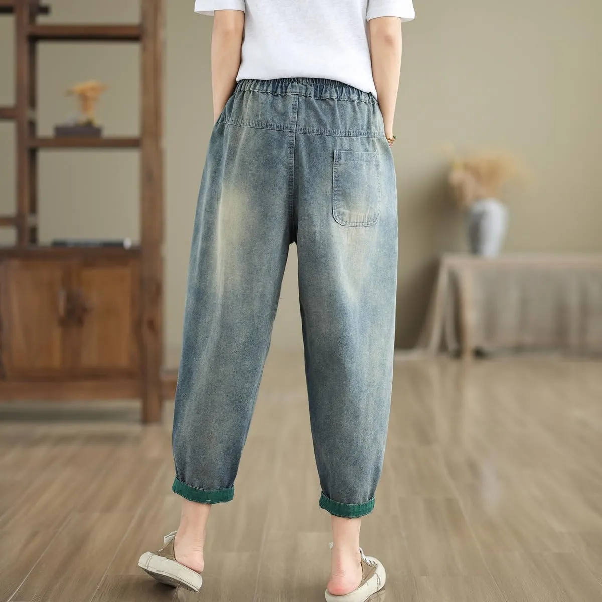 Women Retro Patch Embroidered Printed Loose Jeans Casual Ripped Jeans Harem Pants