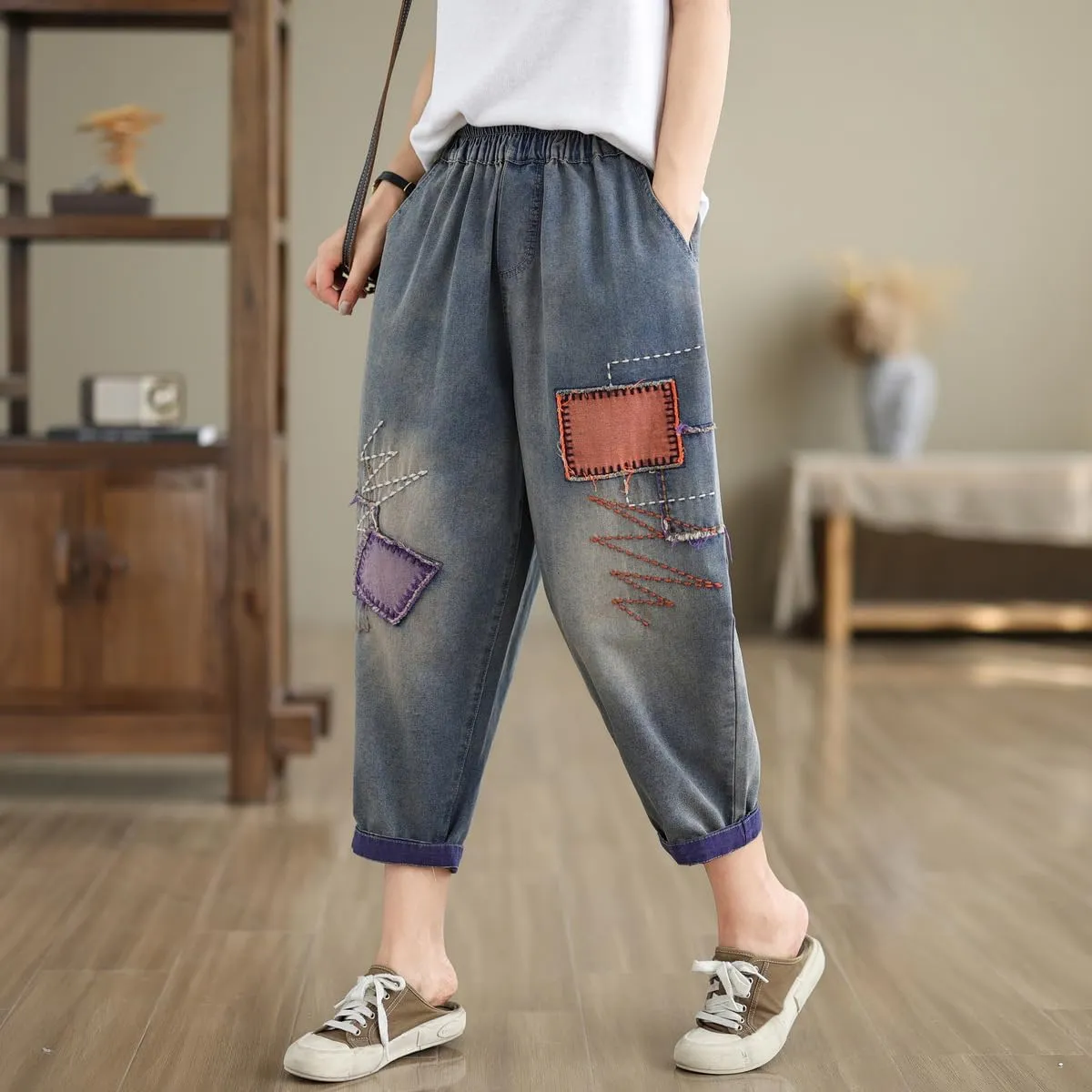 Women Retro Patch Embroidered Printed Loose Jeans Casual Ripped Jeans Harem Pants