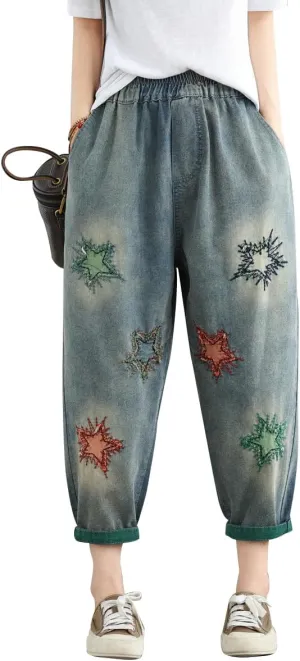 Women Retro Patch Embroidered Printed Loose Jeans Casual Ripped Jeans Harem Pants